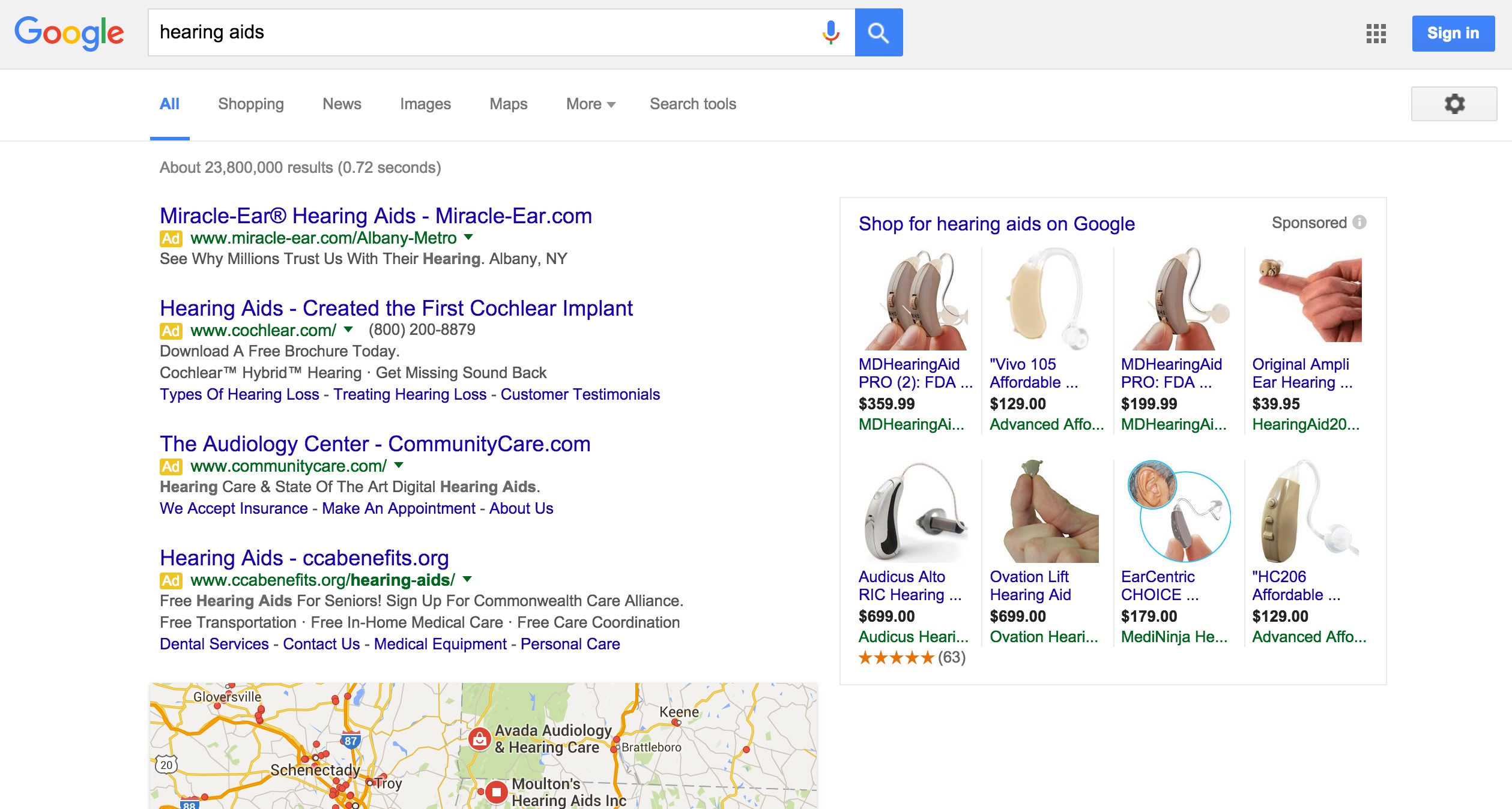A Google search page for 'hearing aids'