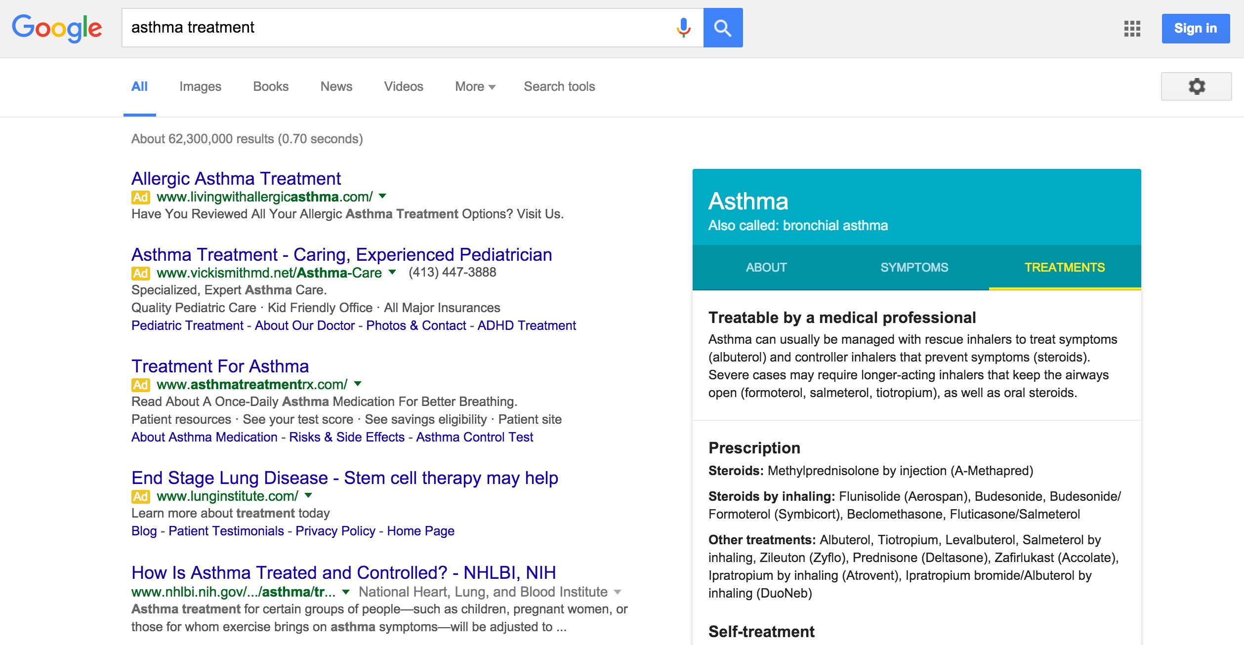 A Google search page for 'asthma treatment'