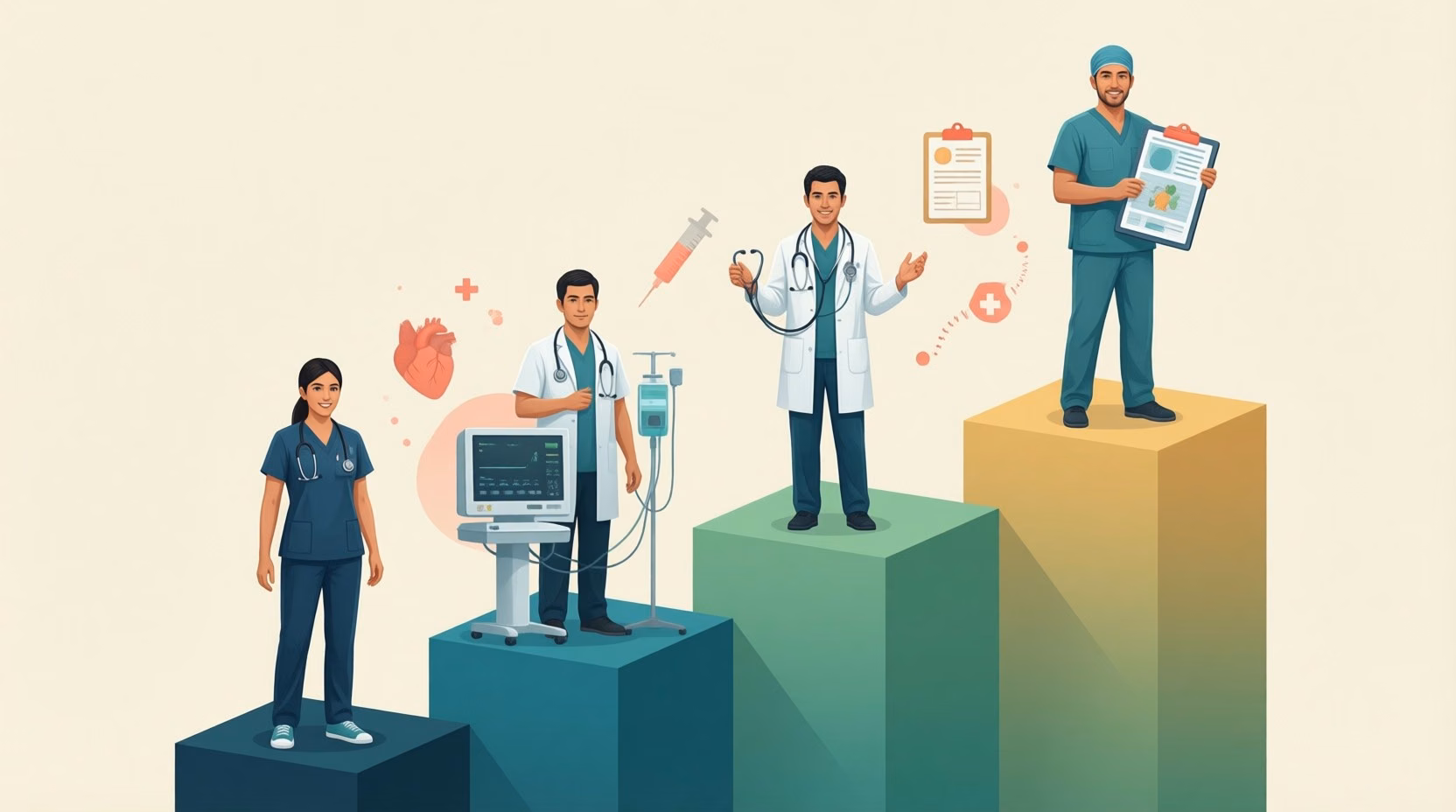 Flat editorial illustration: The article presents six high-paying healthcare career groups, comparing their roles, required educa
