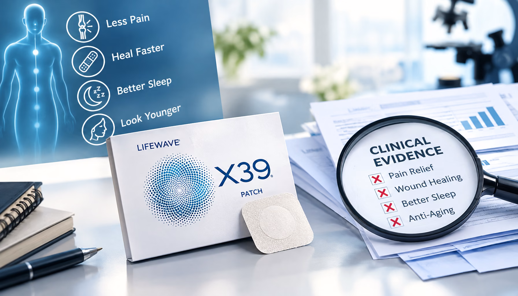 Flat editorial illustration: A skeptical health-editorial illustration examining the gap between LifeWave X39 patch marketing cla