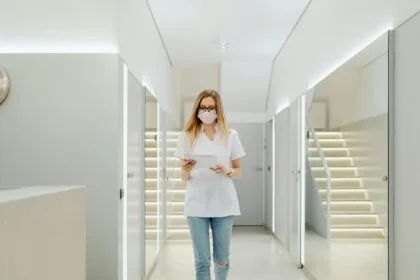 a woman walking on the hallway