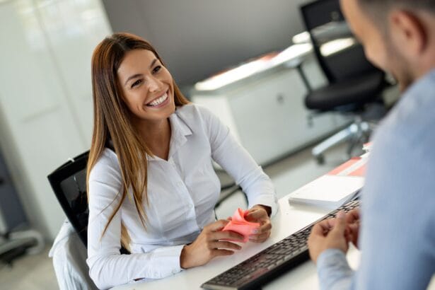 Beautiful woman manager communicates with the client in the work