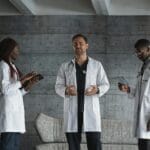 men in white coat standing beside woman in white coat
