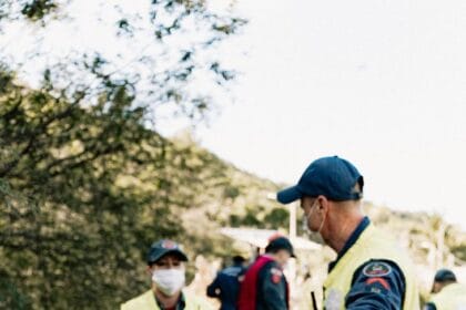 emergency medical simulation with rescue team outdoors
