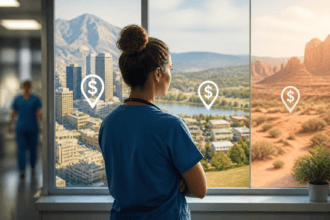 What Geographic and Specialty Variation Reveals About How Nursing Compensation Actually Works -- AI-generated illustration