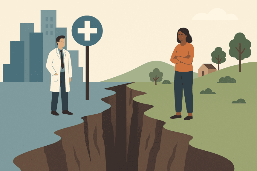The Care Gap That Widens the Moment You Leave a City -- AI-generated illustration