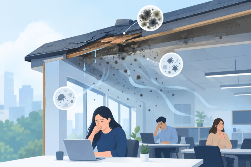 How Roof Deterioration Affects Indoor Air Quality and the Health of Building Occupants -- AI-generated illustration