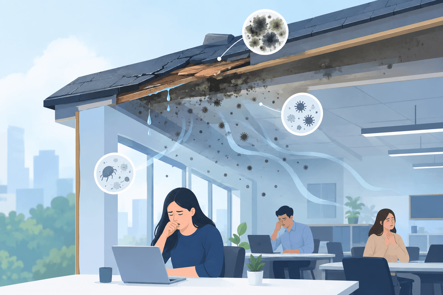 How Roof Deterioration Affects Indoor Air Quality and the Health of Building Occupants -- AI-generated illustration