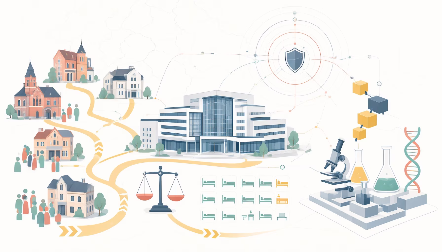 Flat editorial illustration: Clinical-trial operations editorial illustration combining healthcare and technology: country-specif