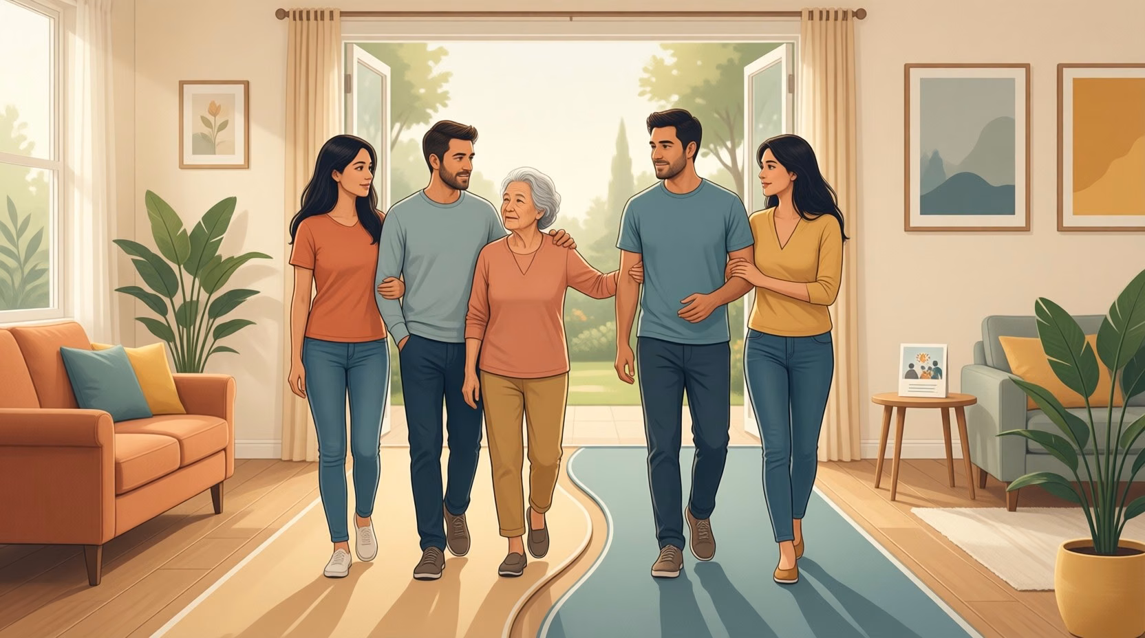 Flat editorial illustration: Core relationship is dual-track recovery where family support improves outcomes only when families m
