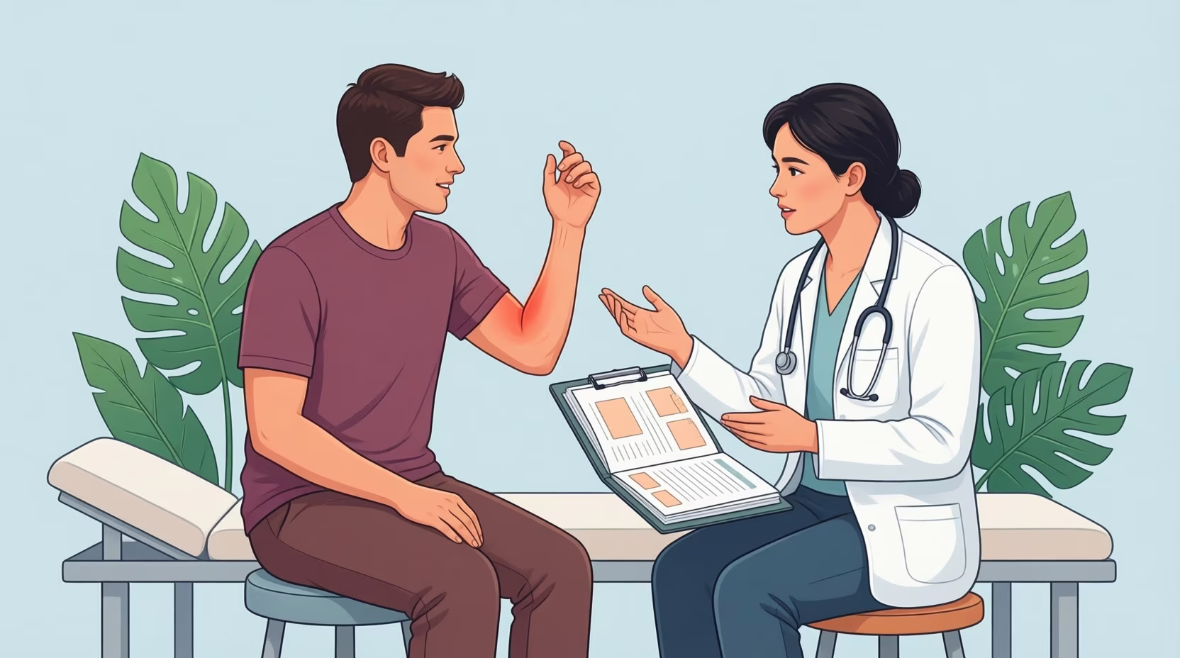 Flat editorial illustration: A health-editorial scene of a first pain-management visit, bringing together attentive consultation,