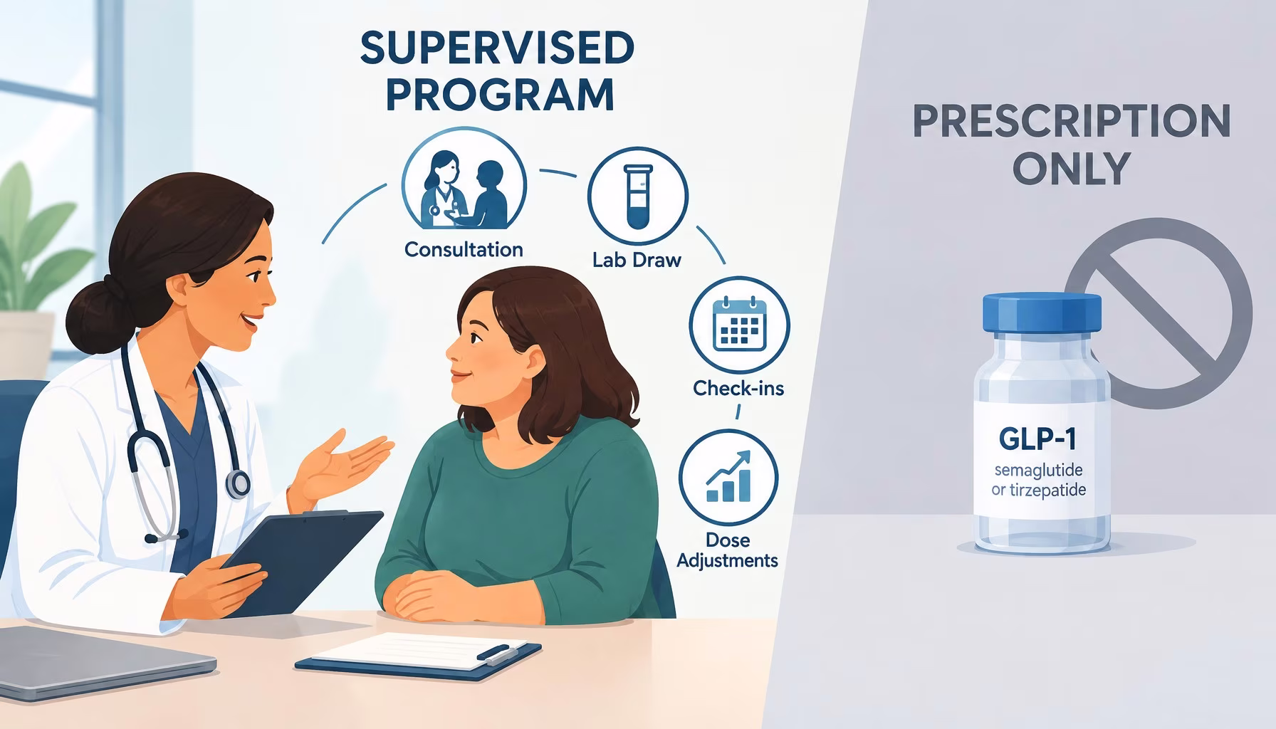 Flat editorial illustration: The core relationship is medication-only coverage versus coverage for a supervised clinical program.