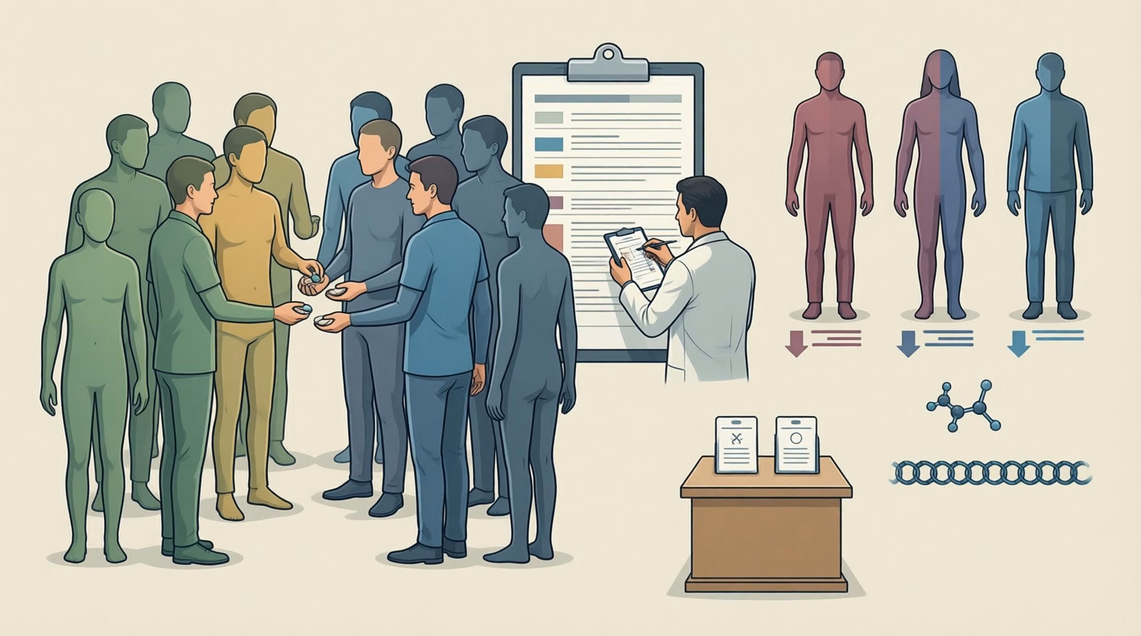 Flat editorial illustration: The article's core relationship is that substantial clinical testing of thymosin alpha-1 did not est